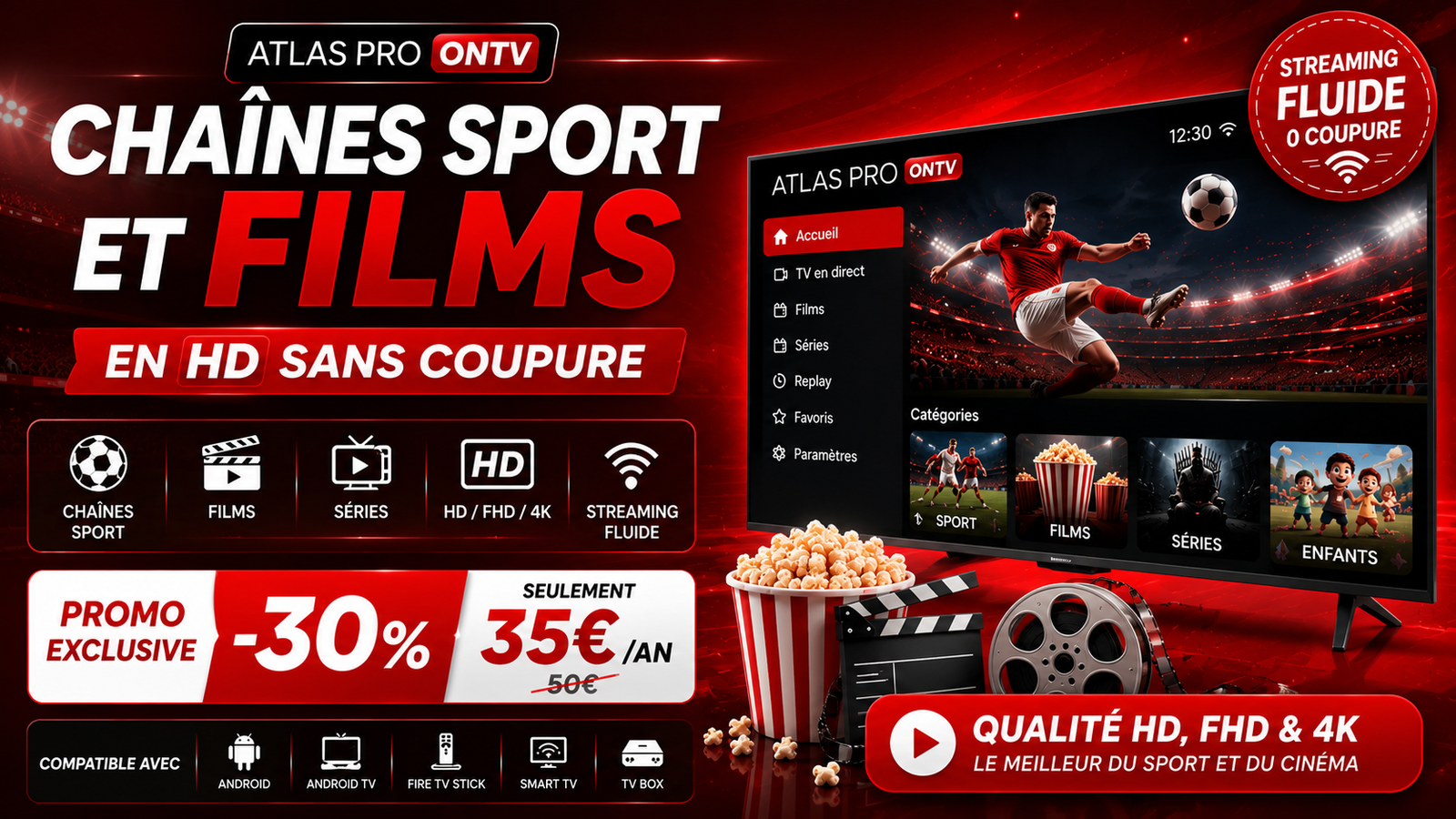 Atlas Pro ONTV IPTV chaînes sport et films HD sans coupure