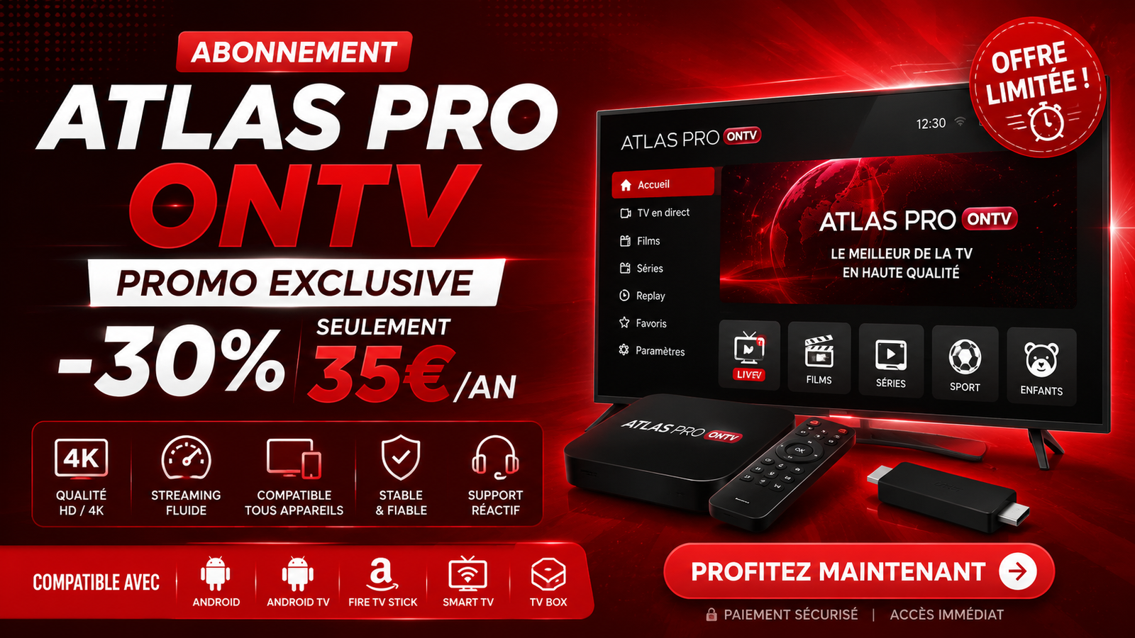 Abonnement Atlas Pro ONTV promo exclusive 35 euros par an